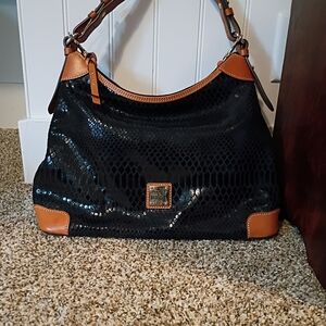 Dooney & Bourke Black Patent Hobo with Tan Trim